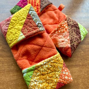 キルティングミニポットホルダー、ストライプ柄オーブンミット（指ポケット付き）