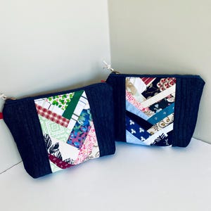 Monedero con cremallera y parches de mezclilla acolchada, neceser con cremallera, regalo unisex hecho a mano, bolsa acolchada minimalista hecha a mano, idea de regalo de último momento