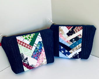 Gesteppte Denim-Patchwork-Zippertasche: Handgemachte Kosmetiktasche