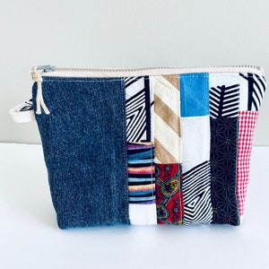 Patchwork pouch, quilted zipper purse, cute jeans bag, all occasions unique small handmade gift for her, cosmetic bag, small item organizer