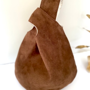 Japanese Knot Bag, Brown vegan suede knot bag, minimalist wrist bag, fashionable wristlet, birthday gift for her, faux suede reversible bag