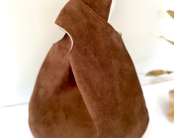 Japanese Knot Bag, Brown vegan suede knot bag, minimalist wrist bag, fashionable wristlet, birthday gift for her, faux suede reversible bag