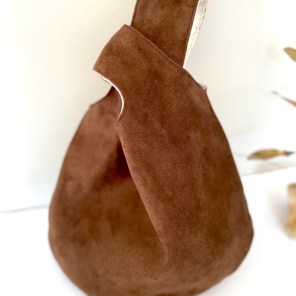 Japanese Knot Bag, Brown vegan suede knot bag, minimalist wrist bag, fashionable wristlet, birthday gift for her, faux suede reversible bag