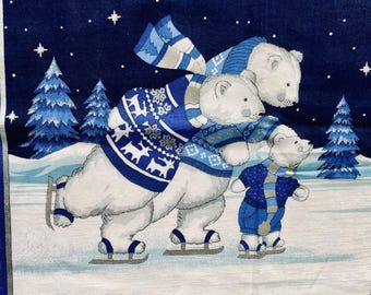 4 polar bear Fabric Panels quilting, White polar bear with cub skating to Cut n Sew Pillow Panels, Quilt Blocks vintage, DIY quilter gift