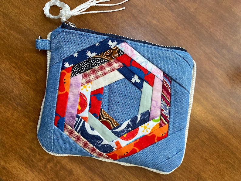 Quilted Patchwork Zipper Pouch: Blue Floral Cosmetics Bag image 1