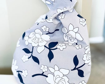 Japanese Knot Bag, Knot bag, minimalist bag, Reversible hand bag, Wrist denim bag, simple bag, cute bag, floral print bag, gift for her