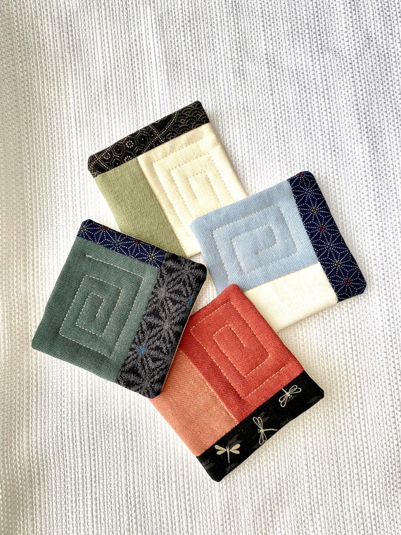 Quilted Japanese Fabric Coasters, Minimalist Patchwork, Set of 4