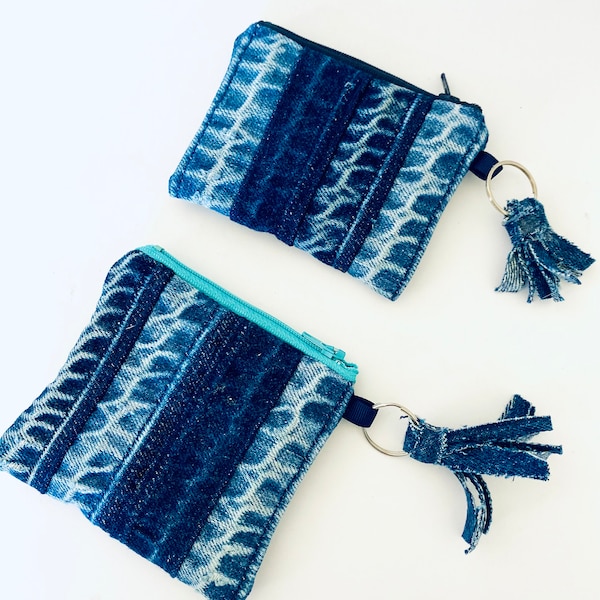 Unique Cute Blue denim zipper pouch with tassel, upcycled keyring bag,  jeans seam coin purse, different shades of blue gift card holder