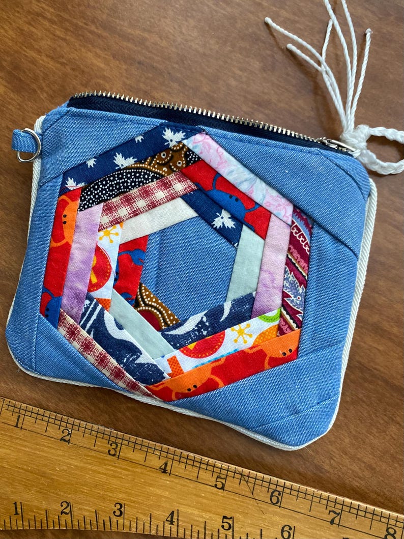Quilted Patchwork Zipper Pouch: Blue Floral Cosmetics Bag image 7