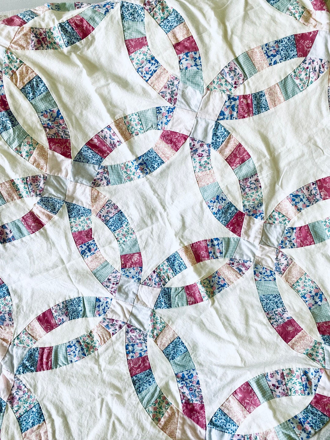 Vintage Hand Stitched Double Wedding Ring Patchwork Quilt Top, 35 X 35 Lap Quilt Cover, Vintage