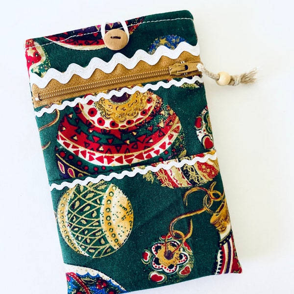 Christmas print phone wallet, phone pouch zipper pocket, iPhone cover with card pocket, protective padded phone sleeve, Unisex birthday gift