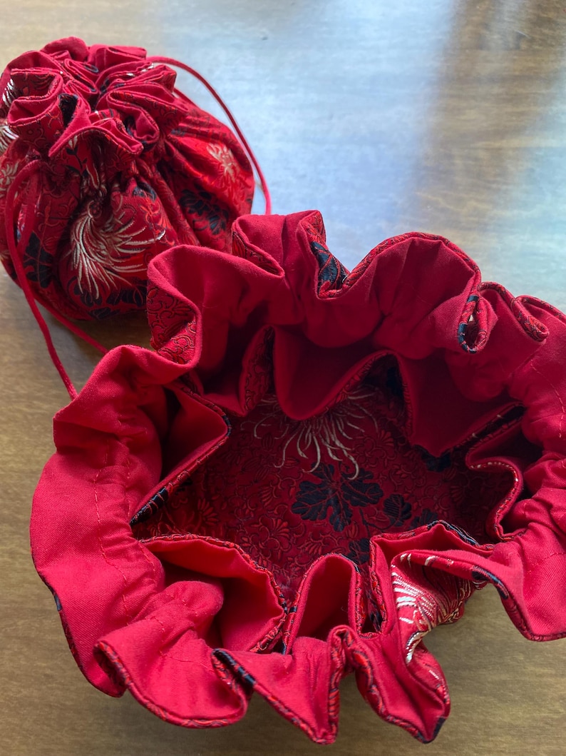 Red Silk Brocade With Floral Embroidery in Silver Jewelry Pouch: Travel ...