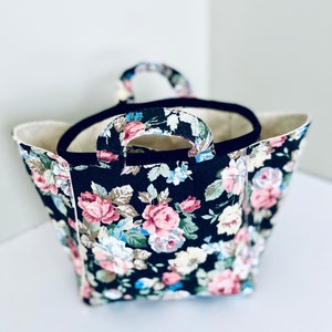Black Floral Fabric Storage Bag: Handmade 3-Compartment Organizer