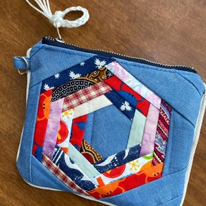 Quilted Patchwork Zipper Pouch: Blue Floral Cosmetics Bag image 6