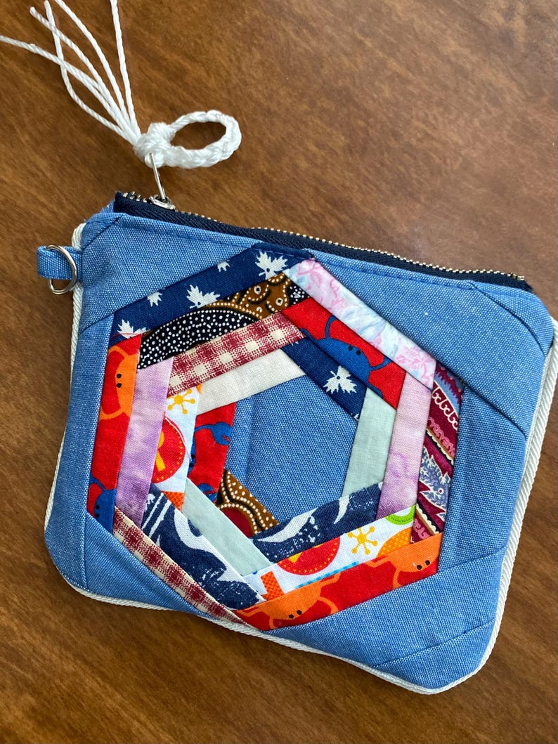Quilted Patchwork Zipper Pouch: Blue Floral Cosmetics Bag image 6