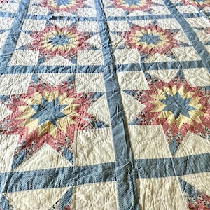 Vintage 1940s 1950s hand stitched Patchwork Quilt pastel muted colors floral prints, King size 100&quot; x 87&quot; vintage quilt, vintage lover gift