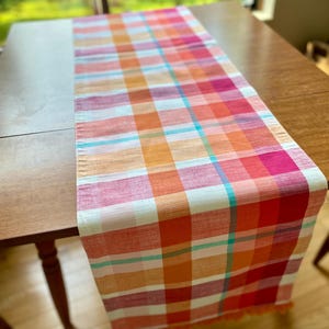 Orange pink bright Plaid table runner lined with fringe, 15&quot;x72&quot; large table runner, Tartan plaid home gift, Festive gift, Housewarming gift