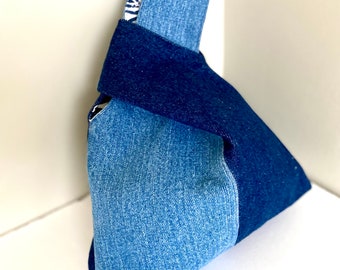 Japanese Knot Bag patchwork, 3 pockets Denim Knot bag, Upcycle Minimalist Reversible Wristlets, her Blue denim birthday gift, cute handbag
