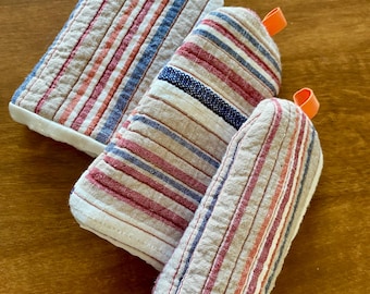 Capa para alça de panela acolchoada à mão, em algodão listrado, presente para a cozinha