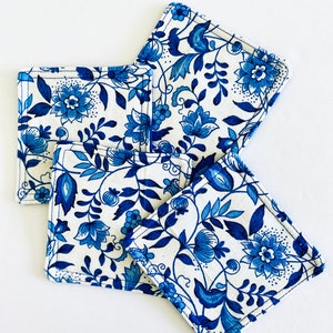 Blue Floral Canvas Coasters, Set of 4, Modern Drink Coasters