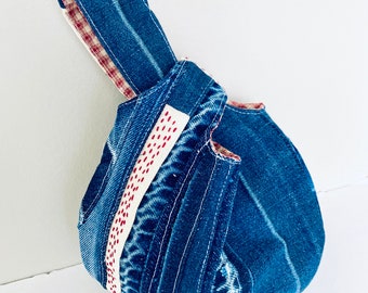 Cute quilted Japanese Knot Bag patchwork, Boro Denim and canvas Knot bag, Upcycled Reversible Wristlets, handmade birthday gift for her