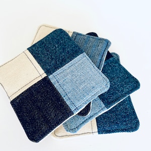 Gewatteerde denim onderzetters (set van 4): geüpcycled canvas onderzetters met patchwork