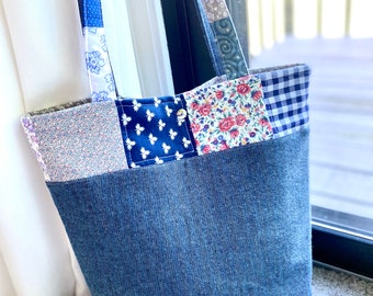 Gesteppte Denim-Einkaufstasche, Patchwork-Schultertasche, handgemacht