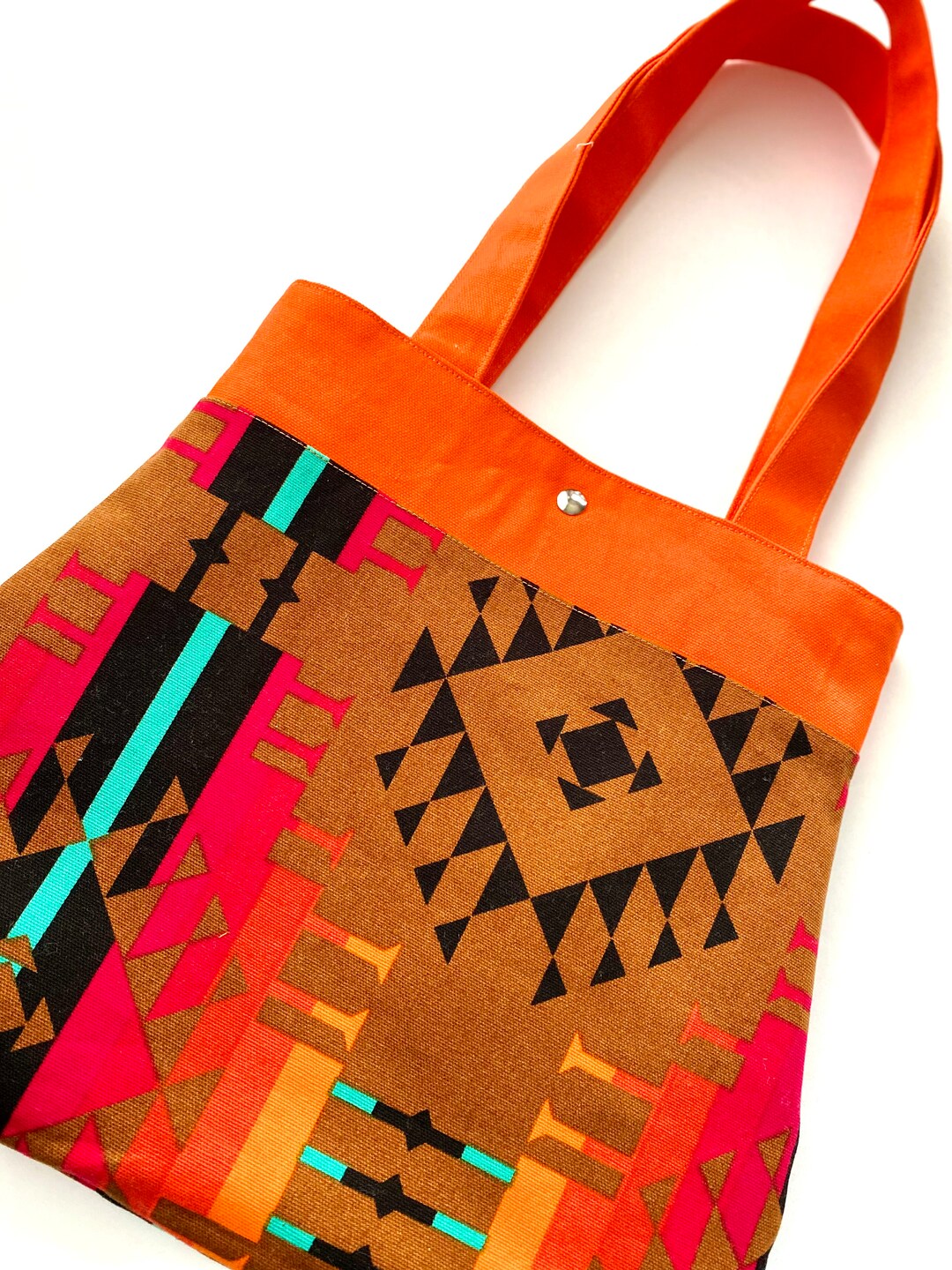 Canvas Top Handle Bag, Orange African Print Canvas Handbag, Long Zipper