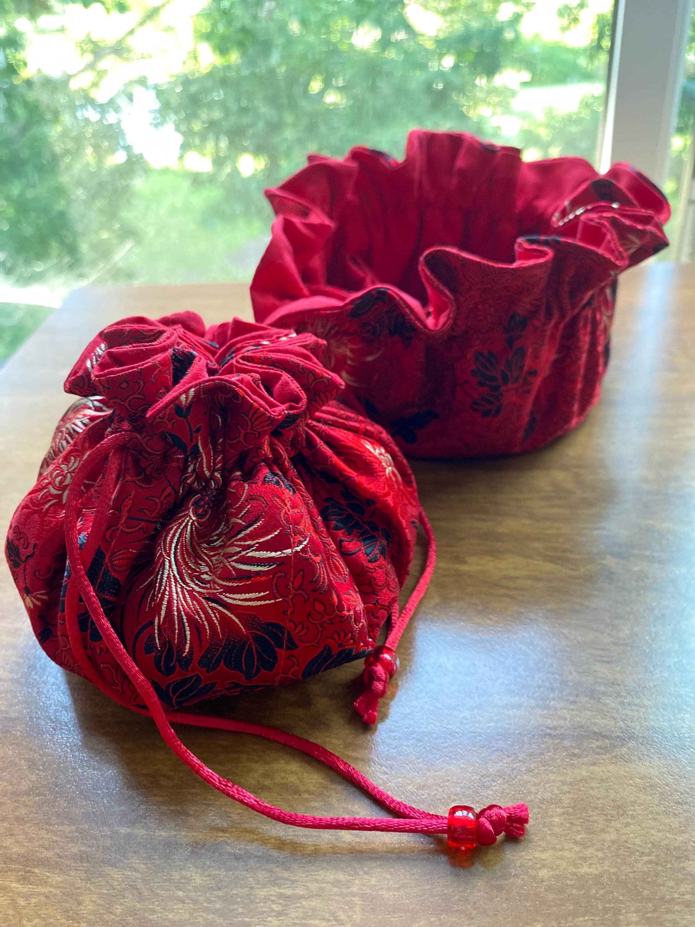 Red Silk Brocade With Floral Embroidery in Silver Jewelry Pouch: Travel ...