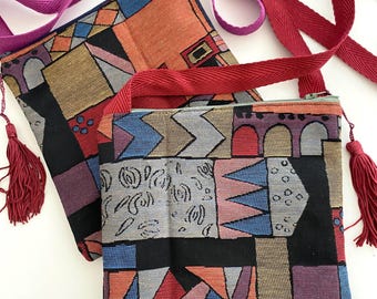 Free your hands upholstery travel bag with tassels, minimalist sling purse, satchel bag