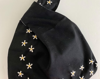Handmade Japanese Knot Bag: Black Wristlet with Embroidered Flowers