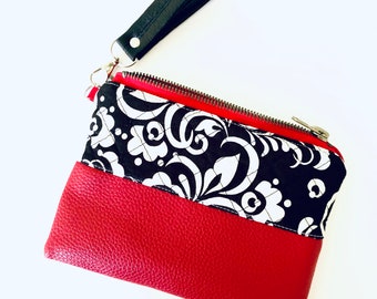 Quilted wristlet wallet, Red vegan leather clutch, padded zipper pouch with removable key hob, Black and White floral print wristlet purse