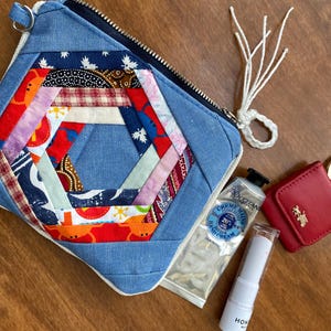 Quilted Patchwork Zipper Pouch: Blue Floral Cosmetics Bag image 4