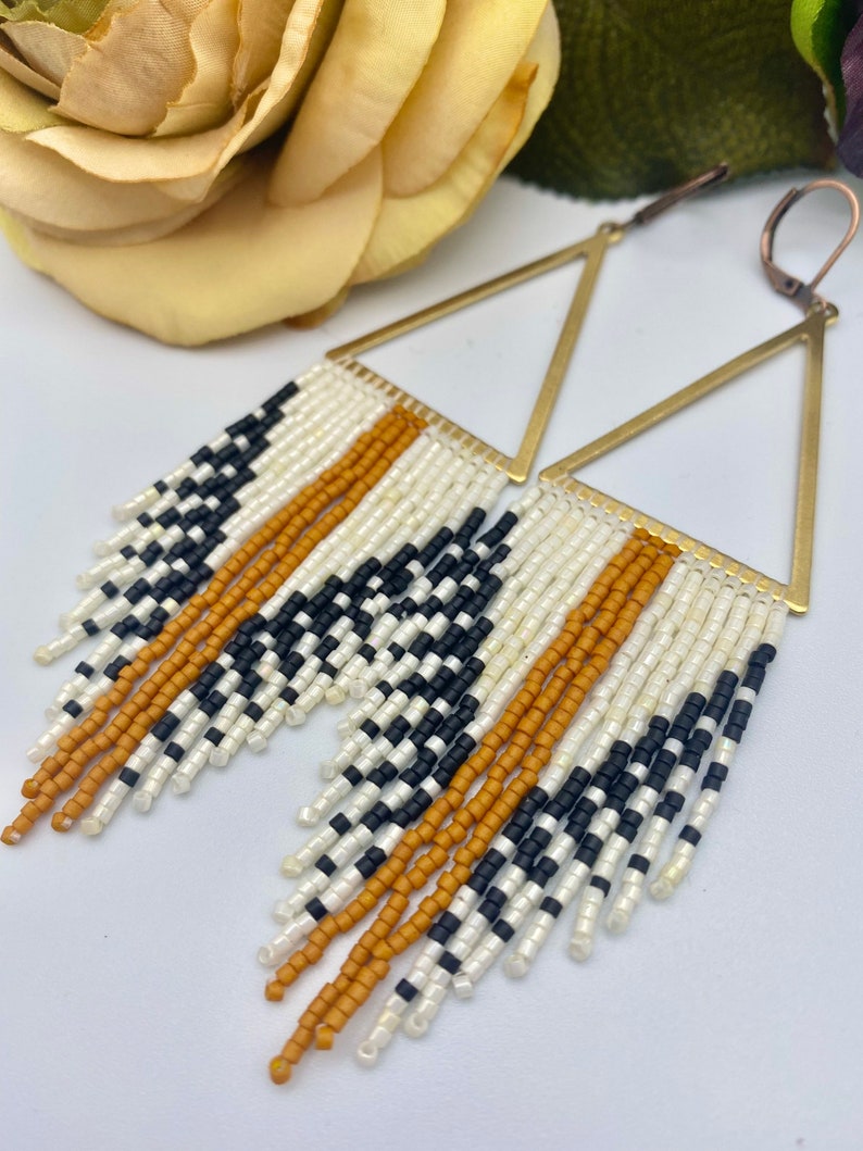 Neutral Bead Fringe Tribal Brass Triangle Pendant Earrings Etsy