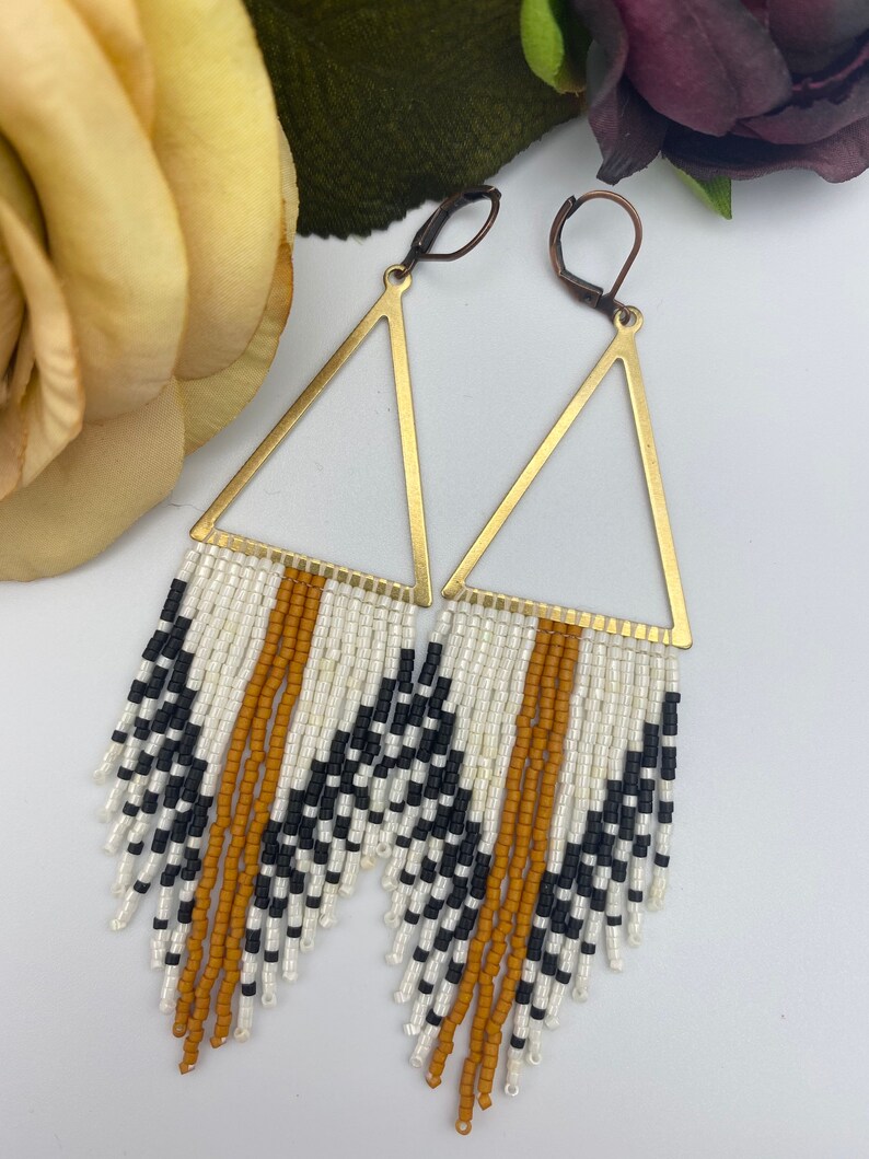 Neutral Bead Fringe Tribal Brass Triangle Pendant Earrings Etsy