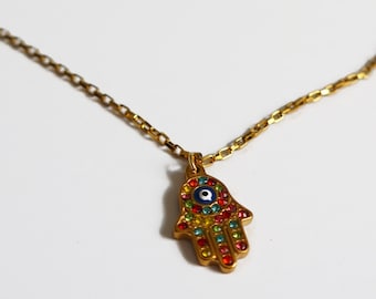 Hamsa Hand Necklace, Colorful Evil Eye Necklace, Protection Necklace, Gold Chain Hamsa Pendant, Waterproof Non Tarnish Necklace