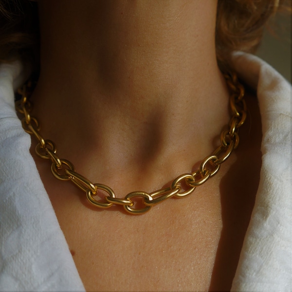Chunky 18K Gold Chain Necklace, Waterproof Stainless Steel