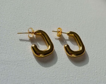 NEW! Sleek Waterproof Hoops, Minimalist Earrings, 18K Gold Steel Hoops, Non Tarnish Hoops, Huggie Earrings, Elegant Rectangular Hoops
