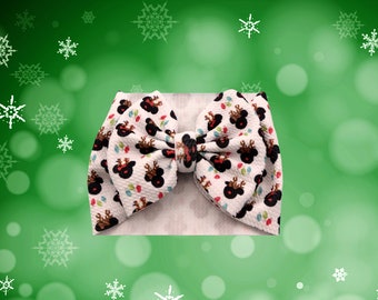 Minnie Mouse Reindeer Christmas Lights Bow Headwrap/For Babies, Toddlers or Girls/Bullet/Waffle Knit Stretchy Fabric/ 3 Different Sizes
