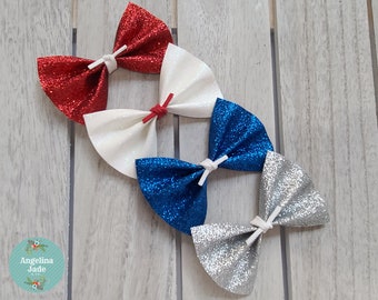 Red, White, Blue or Silver Glitter Faux Leather Bows For Girls or Babies, Handmade Bows, Hair Accessories, Baby Headbands