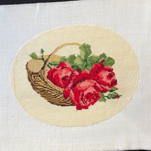 Gobelin Basket with roses, Wiehler Handmade Gobelin, Wall Art, Vintage Wall Tapestry, DMC Embroidery, Hand Embroidered Needlepoint