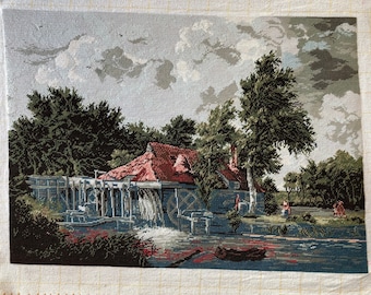 Gobelin holländsk kvarn, Wiehler handgjord gobelin, väggkonst, vintage väggtapet, DMC broderi, handbroderad nålspets, väggdekor