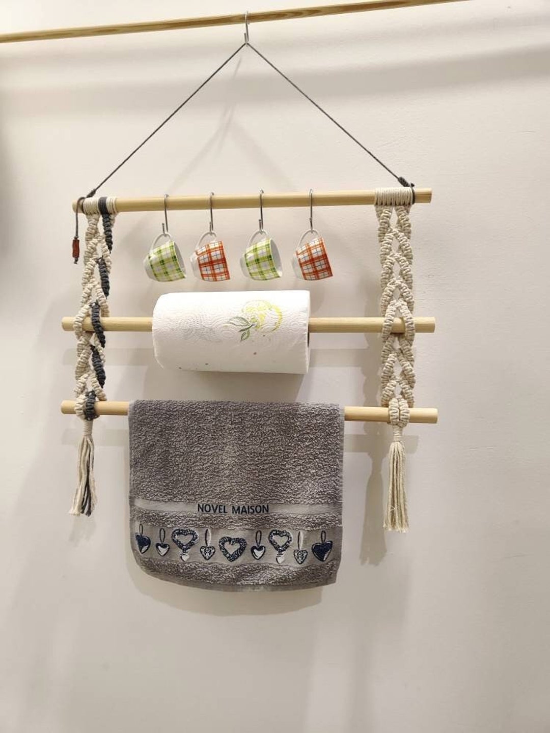 Wood Towel Ladder, Boho Bathroom Storage Organization, Macrame Towel