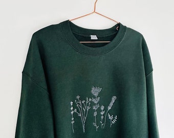 Embroidered Cosy Unisex Sweater - Hand drawn fine line floral designs