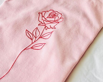 Organic Single Rose T-shirt - Embroidered Designs - Hand Drawn Rose - Sustainable Clothing - Soft Unique Top