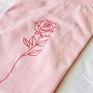 Organic Single Rose T-shirt - Embroidered Designs - Hand Drawn Rose - Sustainable Clothing - Soft Unique Top