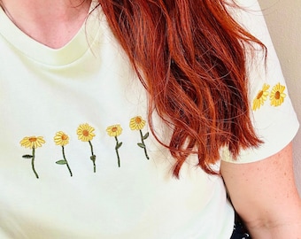 Camiseta unisex de algodón orgánico con girasoles bordados - Primavera Verano