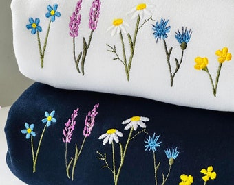 Embroidered Wildflower Crewneck Sweater, Nature Floral Embroidery, Unisex Comfort Fit Sweatshirt or Hoodie