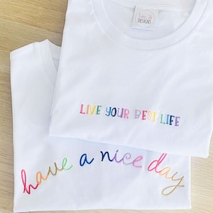Embroidered Organic T-shirts - Bright & Colourful positive clothing - Happy Clothing