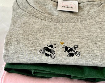 Organic Bee T-shirt - Embroidered bees with mini heart  - Hand Drawn Designs - Sustainable Clothing - Soft Unique Top